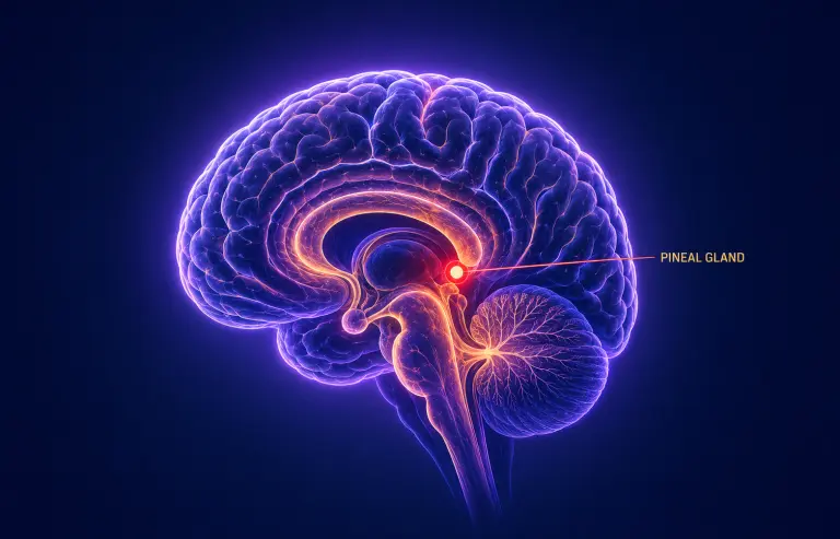 Anatomical illustration of a human brain with the pineal gland highlighted
